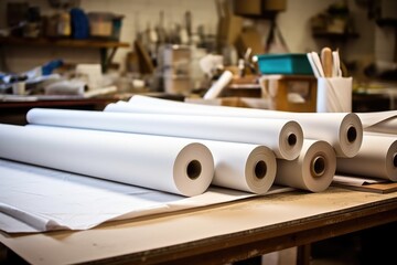 rolls of paper about to be cut into sketchbook pages