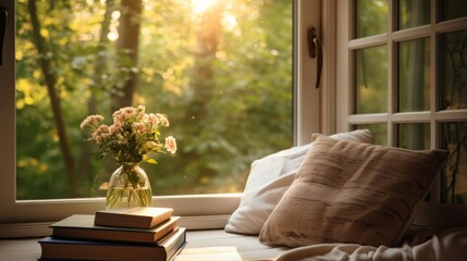 A cozy reading corner with a window view of nature