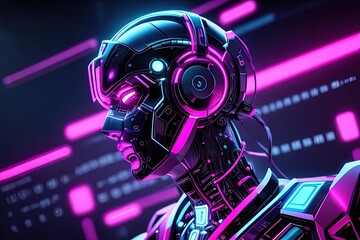3d rendering robot or cyborg in black and pink neon light.