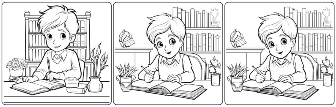 Boy writes the book  coloring book page