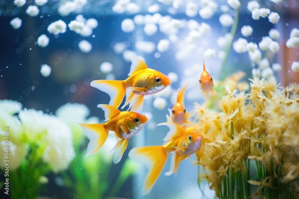 Sticker goldfish swimming together in aquarium