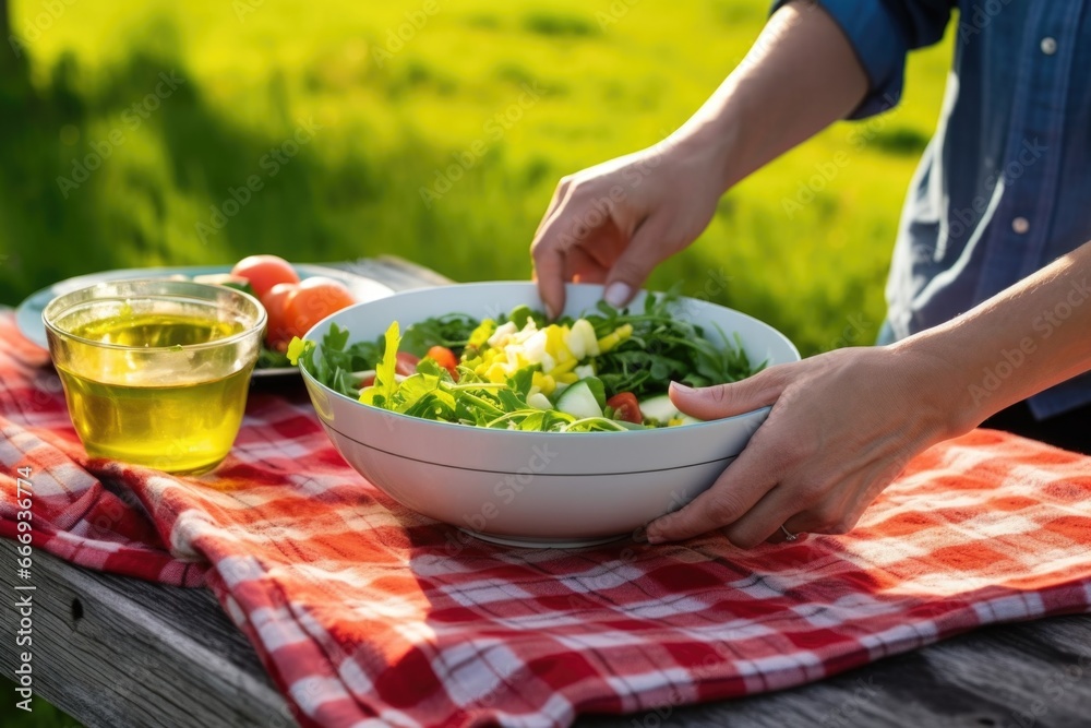 Sticker close-up of hand setting salad bowl onto picnic table