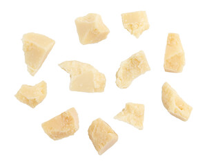 pieces of delicious parmesan cheese isolated on white background with clipping path, package design element, italian food, top view, concept of healthy food