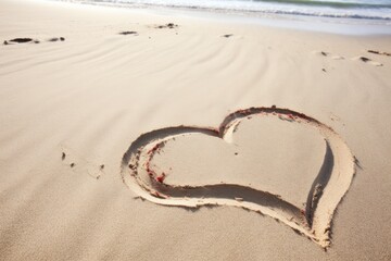 a heart drawn in the sand with multiple footsteps around it