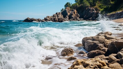 A rocky beach with waves crashing on the shore