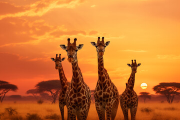Group of giraffes in the serengeti national park sunset at sunset, aesthetic look - obrazy, fototapety, plakaty