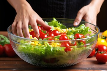 hand tossing lettuce, tomatoes and corn in a salad bowl