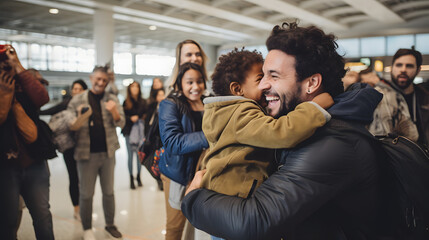 Heartwarming reuining of family at an airport with tears of joy and hugs and embraces celebrating love and connection - obrazy, fototapety, plakaty