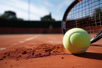 close-up of tennis racket and ball on clay court