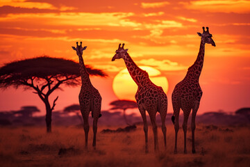 Fototapeta na wymiar Group of giraffes in the serengeti national park sunset at sunset, aesthetic look