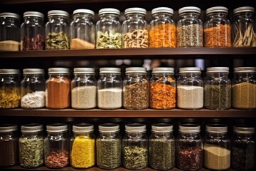 a neat setup of glass jars filled with various dried teas