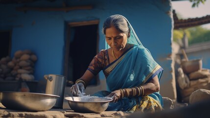 Indische Frau in blauer Sari bereitet das Essen vor - obrazy, fototapety, plakaty