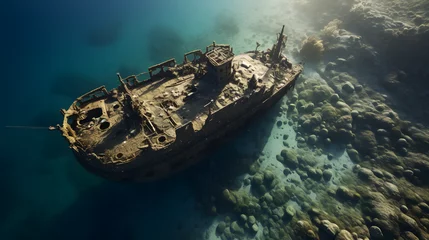 Türaufkleber Shipwrecked sunken vessel deep beneath the surface underwater in the ocean to be found by archelogists © JJ1990