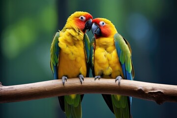 two parrots sitting together on a branch