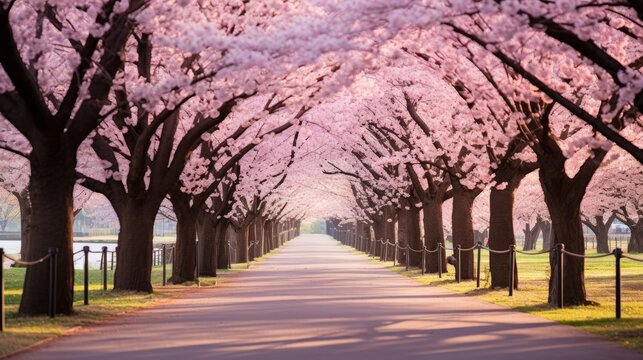 A road lined with cherry blossom trees in spring