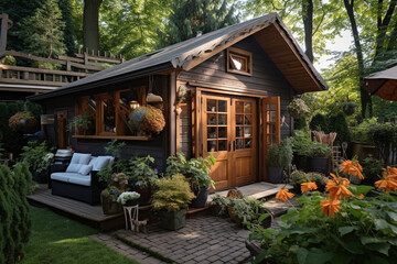 Fototapeta na wymiar cozy shed with a shed roof in a charming backyard setting. The photo should emphasize the rustic aesthetics, with wooden walls, a pitched shed roof, and tasteful outdoor decor. It