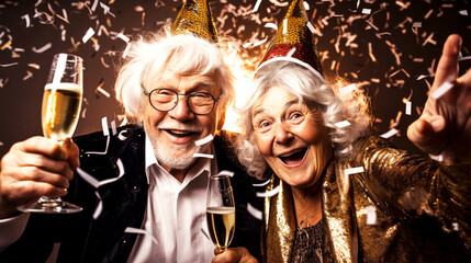 senior friends in their 70/s having fun at New Year party - obrazy, fototapety, plakaty