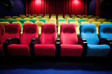 bright theater seats in a row with the middle one highlighted
