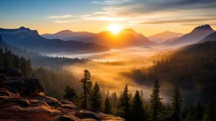 A radiant sunrise over a misty mountain