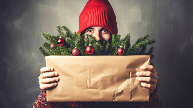 man hidden behind Christmas tree holding gift