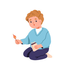 Kid playing with fire, holding burning match. Little child with matchsticks and matchbox. Flame emergency danger, accident, insecure situation. Flat vector illustration isolated on white background