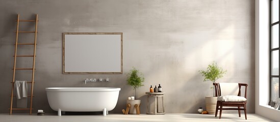 Bathroom interior featuring bathtub mirror on ladder and folding screen