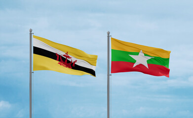 Myanmar and Brunei flags, country relationship concept