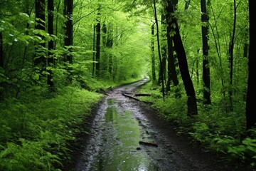 a forest trail with green leaves glistening with spring rain