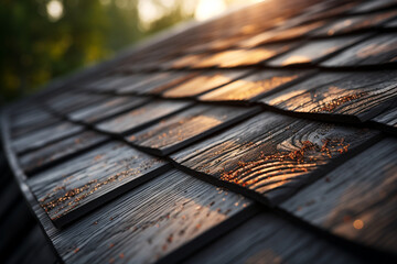durability of a hip roof with a close-up photo that focuses on high-quality roofing materials and craftsmanship. This image conveys a sense of security and longevity. Photo - obrazy, fototapety, plakaty