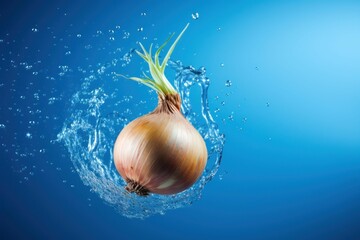 Single onion suspended in midair against a bright blue backdrop - obrazy, fototapety, plakaty