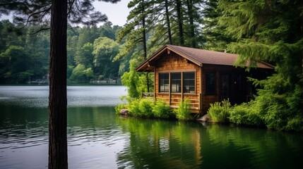 Fototapeta na wymiar A quiet lakeside cabin surrounded by nature