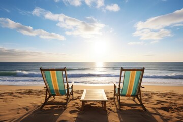 sunlit beach with two empty deck chairs facing the ocean - obrazy, fototapety, plakaty