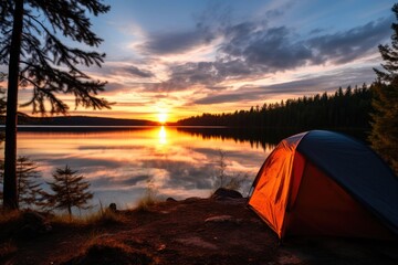 camping tent next to a lake at sunset