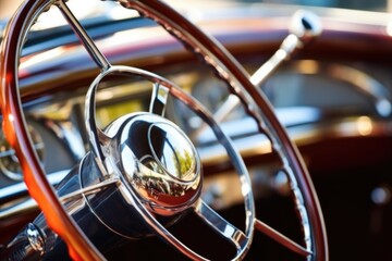 close-up of a vintage cars steering wheel after polishing