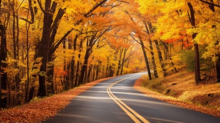 Naklejka na ściany i meble A picturesque road lined with vibrant autumn trees