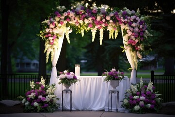 outdoor altar decorated with flowers and lights
