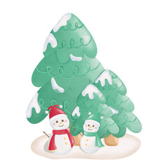 Snow falling, Christmas tree and snowman