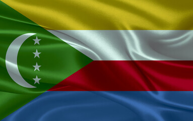 3d waving realistic silk national flag of Comoros. Happy national day Comoros flag background. close up