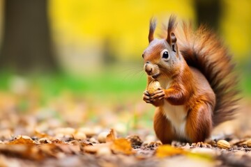 a close-up of a squirrel eating nuts in a park - obrazy, fototapety, plakaty