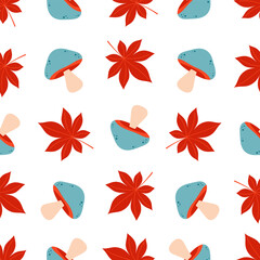 autumn seamless pattern with mushrooms and leaves, vector flat graphics, wallpaper with bright mushrooms and plants