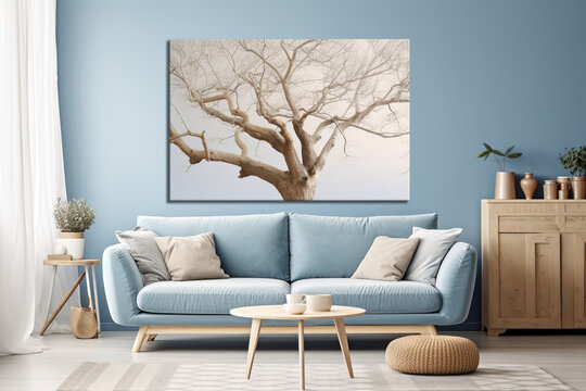 A beautiful living room with blue walls and a light blue couch with white cushions as decor, a picture of a tree with twisted branches on the wall