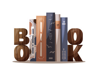 Pile of books and wooden word "book". Bookstore, bookshop, book lover, reading, interior concept. Isolated Isolated Vector illustration.