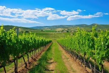 Fototapeta na wymiar dense vineyard with freshly irrigated grapevines