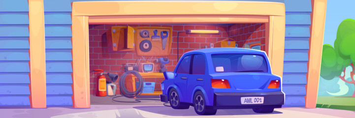 Car on road near house garage vector background. home workshop inside interior with repair tool inventory, tire and extinguisher concept. Household storeroom picture with automobile maintenance stuff