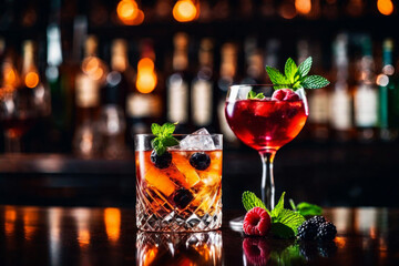 Refreshment alcoholic cocktail with ice, mint and berries in a bar, night club party with soft drinks, against the background of a bar counter with different bottles - obrazy, fototapety, plakaty