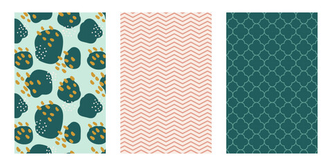 3 seamless patterns with abstract geometric shapes. Vector patterns set