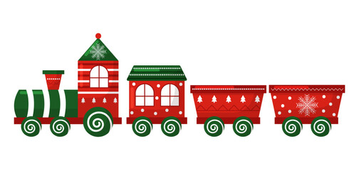 Vector christmas cartoon red train toy isolated on white background. Clipart for christmas greeting card, postcard © VctAn