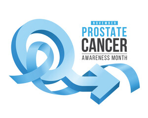 Prostate cancer awareness month - Blue ribbon awareness roll waving around 3D male symbol vector design