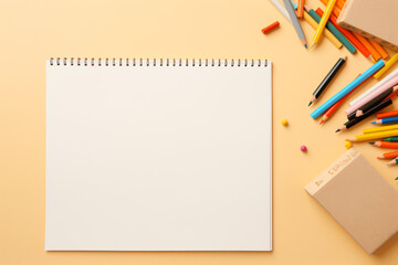 Back to school, school supplies beige background