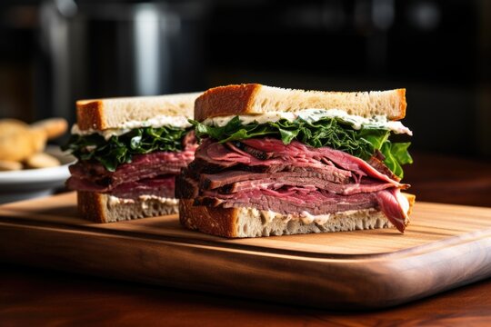 sourdough sandwich with rare roast beef slices